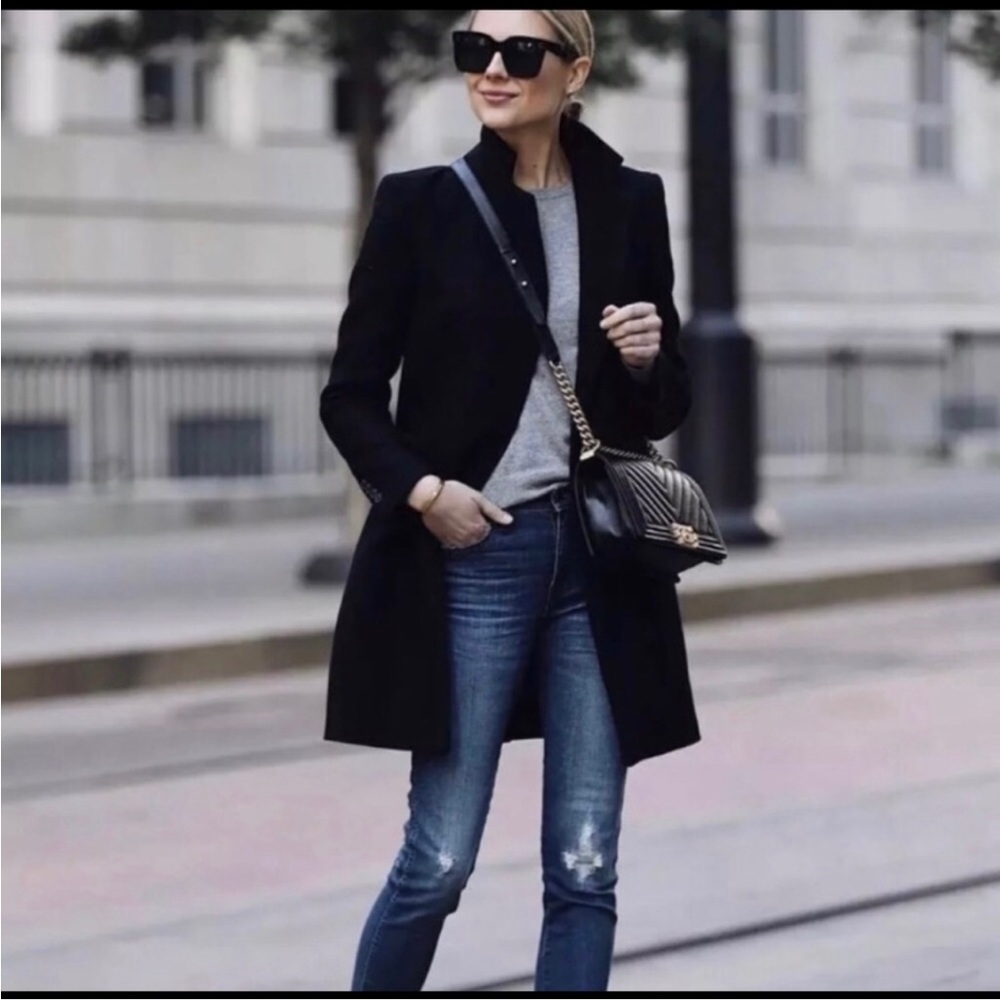 Zara Black Classic Fitted Knee Length Cotton Wool Blend Coat Size Large